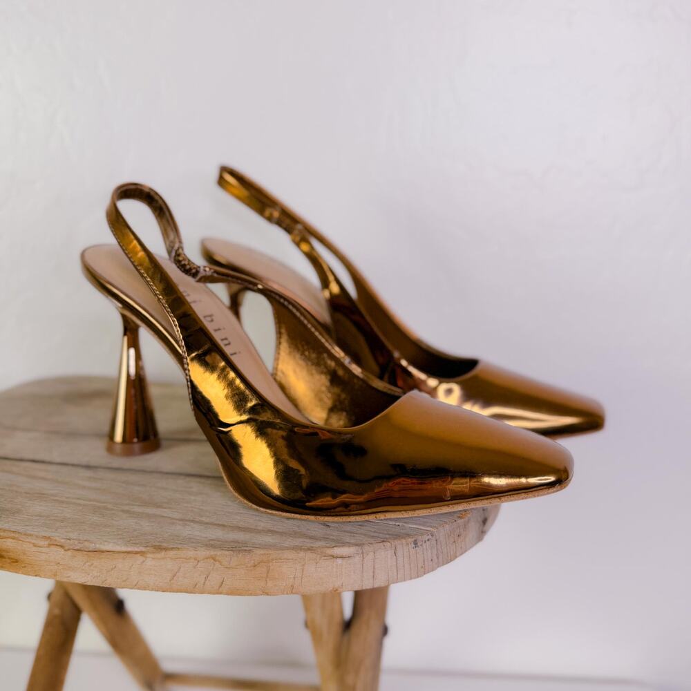 Gianni Bini Retro 70s Glam Isla Mirror Metallic Square Toe Heels Bronze 6.5 NEW